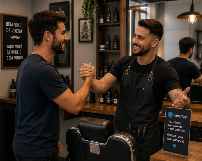 Cliente fiel sendo recebido de volta num comércio parceiro do IntegrApp