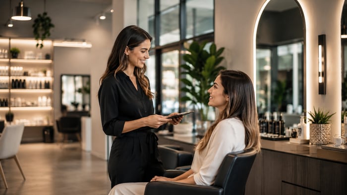 Profissional atendendo um cliente com o IntegrApp em mãos