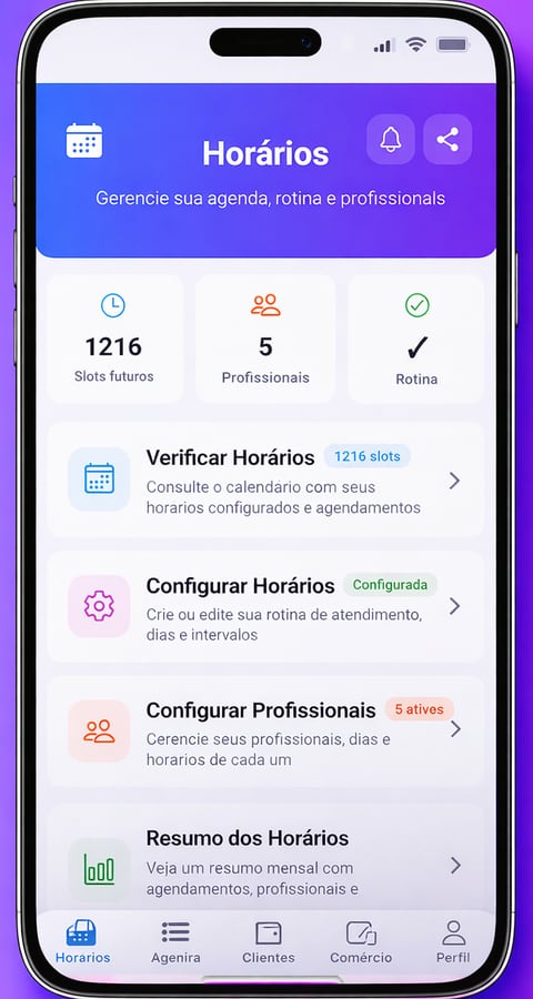 Tela do app de gestão de horários do comerciante